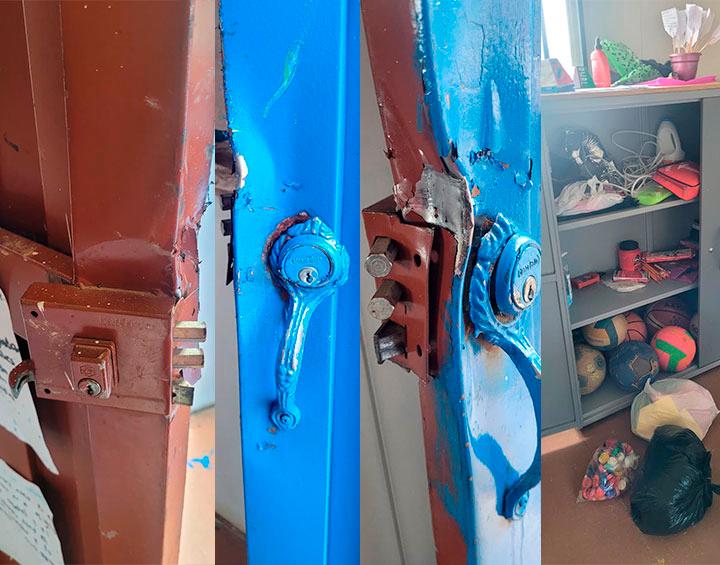 Los ladrones doblaron las puertas metálicas y dañaron las chapas del restaurante y de varios salones. FOTO: CORTESÍA