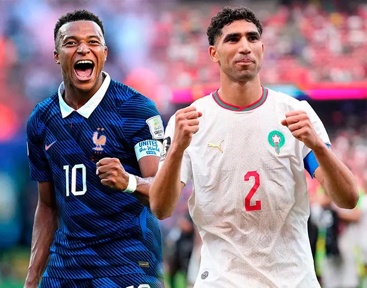 Kylian Mbappé y Achraf Hakimi, referentes de los seleccionados de Francia y Marruecos que se enfrentan este jueves en EE. UU. FOTO GETTY