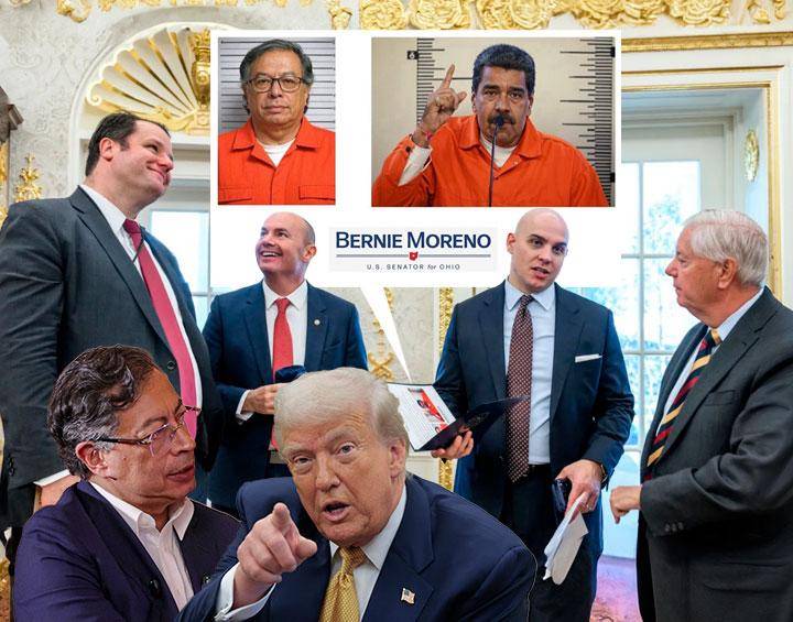 Asesores en la Casa Blanca que tenían una carpeta con un supuesto plan del senador republicano Bernie Moreno en el que aparecen, retratados con IA, Petro y Maduro con overol naranja como presos. FOTO Casa Blanca