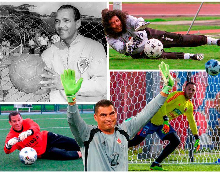 En las imágenes aparece cada uno de los cinco porteros de Colombia en los mundiales: Efraín Sánchez, René Higuita, Óscar Córdoba, Faryd Mondragón y David Ospina. FOTOs Juan Antonio Sánchez y Cortesía