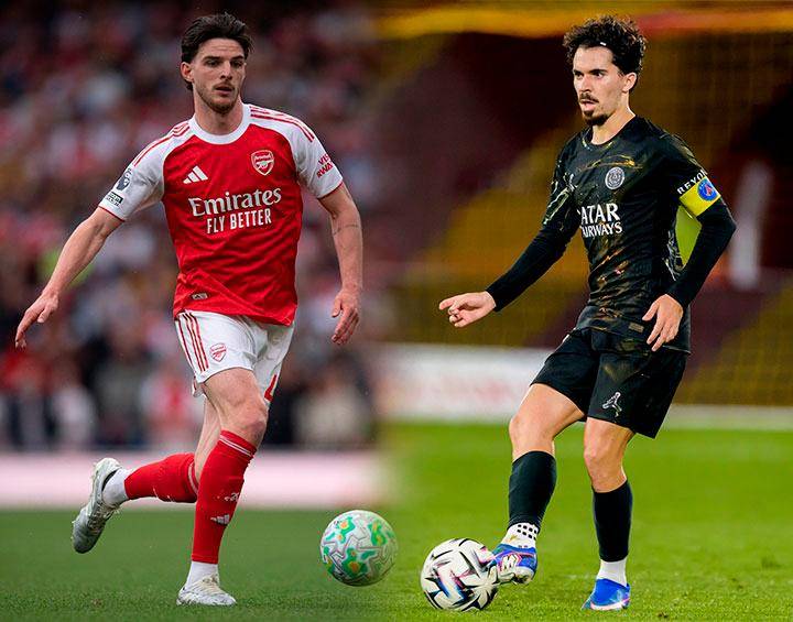 Declan Rice (Arsenal) y Vitinha (PSG) protagonizarán un duelo en el medio campo. Ambos jugadores son los líderes en la columna vertebral para sus elencos en esta Liga de Campeones de Europa. FOTO GETTY