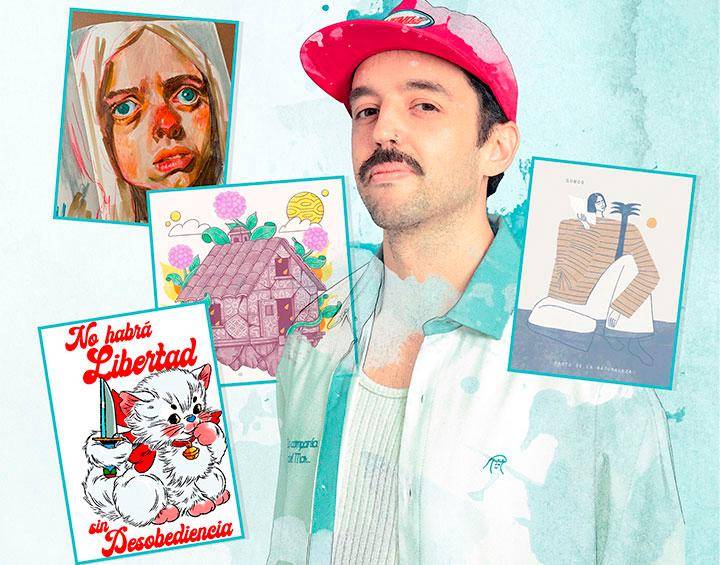 Alejandro Giraldo es diseñador gráfico, ilustrador y fundador de la marca Velmost. Algunos de los artistas seleccionados en la primera muestra son (de izq. a der): @agoduart, @zamir_, @_cleib y @ilalovesmowgli. FOTO @gioup.
