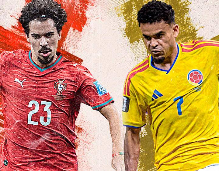 El futbolista del PSG Vitinha es la figura de Portugal. El extremo del Bayern Múnich, Luis Díaz, es la estrella de Colombia . Foto: Getty, Juan Antonio Sánchez y El Colombiano