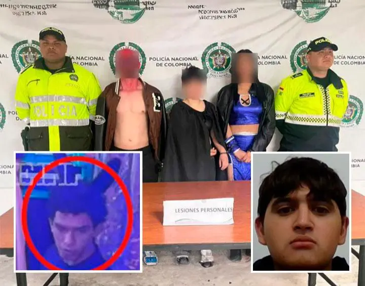 Al fondo, las tres primeras personas capturadas por el hecho; en el cuadro izquierdo, una imagen del sospechoso; en cuadro derecho, una foto de Jaime Esteban Moreno. FOTO: Daniel Coronell, Jaime Esteban Moreno y Policía. 
