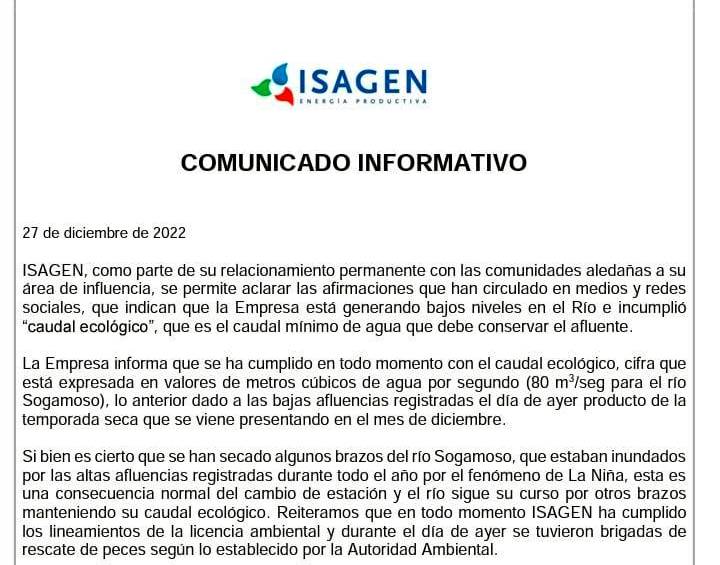 MinAmbiente señala que cierre abrupto de Isagen a compuertas de Hidrosogamoso generó afectaciones al caudal del río 