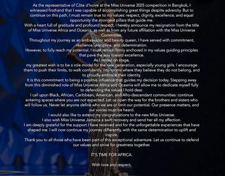 Miss Costa de Marfil, Olivia Yacé, renunció al título y vínculo con Miss Universo: “Debo permanecer fiel a mis valores”
