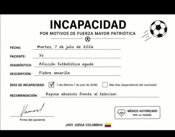 Excusa médica para ver el partido de Colombia vs Suiza. FOTO: Redes sociales. 