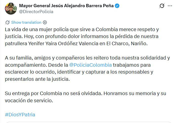 Conmoción en Nariño por asesinato de patrullera de la Policía cuando salía de turno