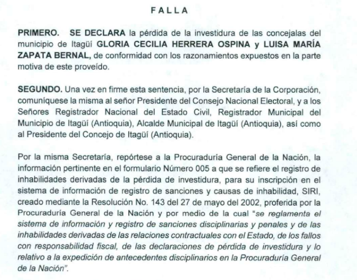 Tribunal Administrativo declara pérdida de investidura a dos concejalas de Itagüí por presunto conflicto de interés