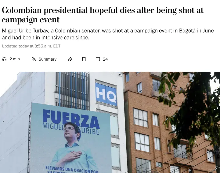 Titular de The Washington Post: “Candidato presidencial colombiano muere después de ser disparado en un evento de campaña”. FOTO: CAPTURA DE PANTALLA
