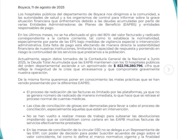 Alerta de salud en Boyacá: hospitales públicos advierten deuda de $822.000 millones