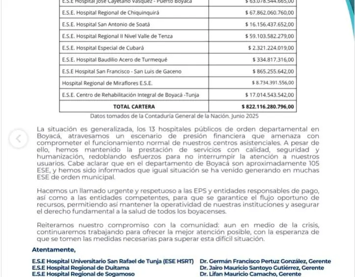 Alerta de salud en Boyacá: hospitales públicos advierten deuda de $822.000 millones