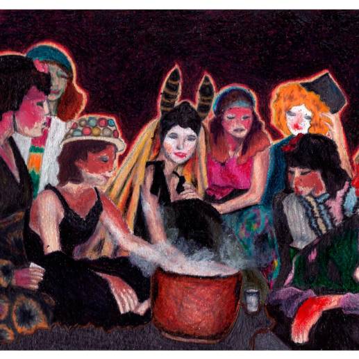 Ilustración de Ximena Escobar a partir de una fotografía del grupo de fundadoras de la revista Brujas. Cortesía Ximena Escobar Piedrahita