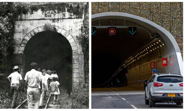 El primer túnel de La Quiebra, construido en 1929, antes y ahora. El nuevo túnel La Quiebra reduce de 40 a 8 minutos el recorrido entre los corregimientos de Santiago y El Limón. FOTOS: ARCHIVO Y JUAN ANTONIO SÁNCHEZ.