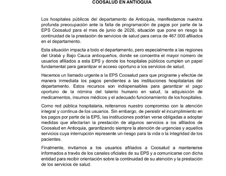 Comunicado de la Asociación de Empresas Sociales del Estado de Antioquia.
