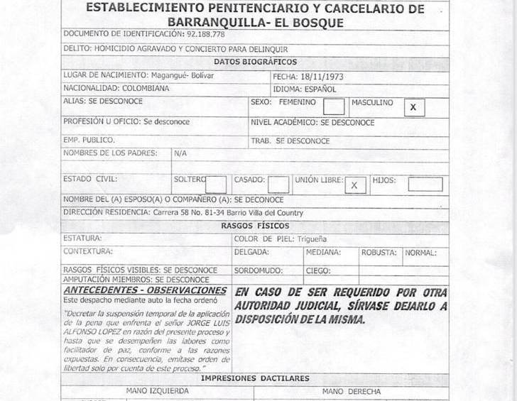 Boleta de salida de Jorge Luis Alfonso López, hijo de alias La Gata.