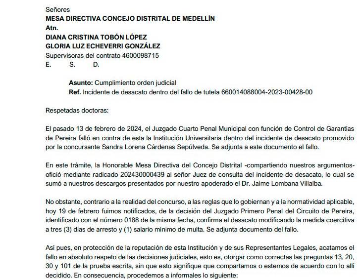 Juez confirma decisión de arresto y multa a dos personas en proceso de desacato en medio de elección del personero de Medellín