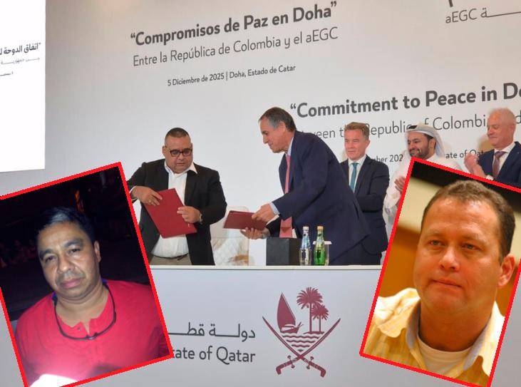 En la imagen de fondo, la firma de los acuerdos parciales el pasado 5 de diciembre en Catar, con Luis Pérez Castañeda (“Jerónimo”) a la izquierda y Álvaro Jiménez, el delegado del Gobierno. En los recuadros, a la izquierda está Abimael Coneo (“Torta”) y al otro lado Jovany Marín. FOTOS: CORTESÍA Y ARCHIVO EL COLOMBIANO.