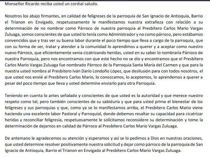 Carta con la que la feligresía está recogiendo firmas para que monseñor Ricardo Tobón reconsidere el traslado del párroco. FOTO: Cortesía.