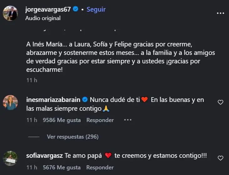 Comentarios de la familia de Jorge Alfredo Vargas tras su publicación sobre los presuntos casos de acoso en su contra. FOTO: Jorge Alfredo Vargas vías Instagram. 