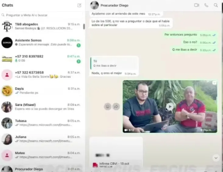 Pantallazo del chat donde enviaron el video. Arriba, el diálogo aludido. IMAGEN TOMADA DE AUDIENCIA