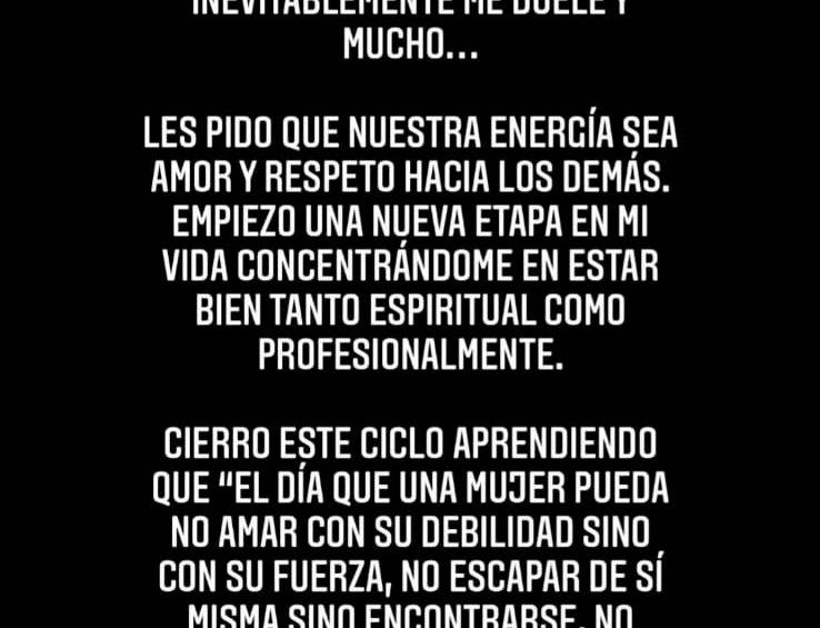 Parte del texto que Belinda subió en su cuenta en Instagram FOTO Cortesía