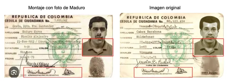 La cédula colombiana falsa de Nicolás Maduro. FOTO: <i>ColombiaCheck</i>