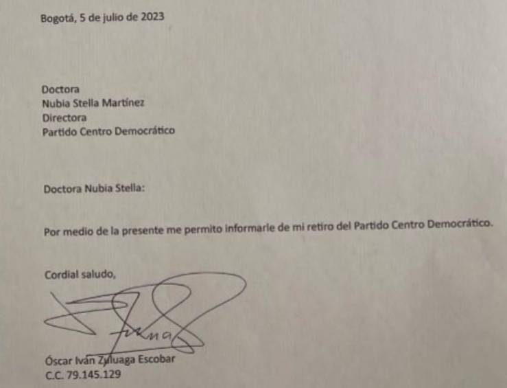 Esta es la carta de renuncia enviada al partido Centro Democrático. FOTO: CORTESÍA.
