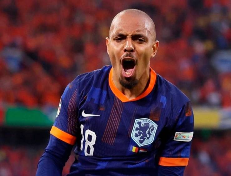 El jugador Donyell Malen, quien ingresó para el segundo tiempo, celebra uno de los dos tantos que marcó con Países Bajos en la Eurocopa. FOTO CORTESÍA @EUROCOPA2024