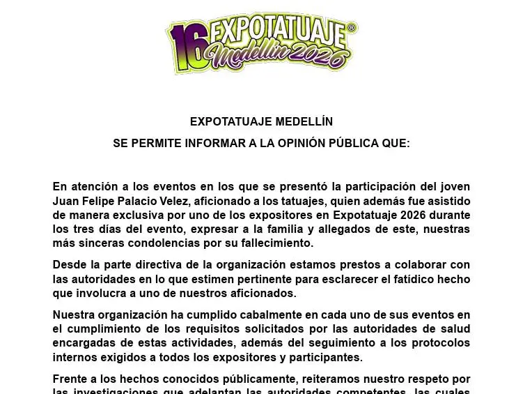“Hemos cumplido los requisitos solicitados por las autoridades”: Expotatuaje 2026 se pronuncia tras muerte de joven en Medellín