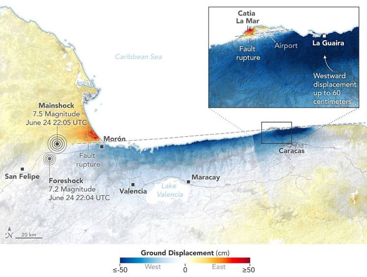 Datos de radar del satélite NISAR muestran que La Guaira y las zonas cercanas sufrieron un desplazamiento significativo del terreno a causa de los terremotos (60 centímetros)