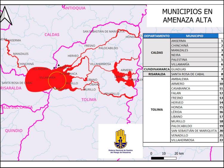 Estos son los municipios con amenaza alta por posible erupción del Nevado del Ruiz. FOTO CORTESÍA