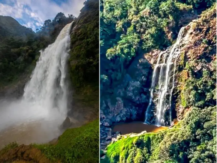 A la izquierda, la cascada con su inmenso caudal. A la derecha, una imagen de su notoria disminución. Foto: Andrés Camilo Suárez Echeverri y tomada del Facebook Vereda El Guadual.