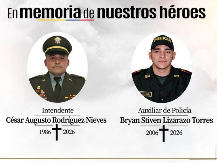 Las víctimas fueron el intendente César Rodríguez Nieves y el auxiliar Bryan Lizarazo Torres. FOTO: Tomado de X: @PoliciaColombia
