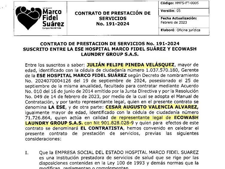 Apartes del contrato 191 entre el Marco Fidel Suárez y la empresa Ecowash. FOTO: Cortesía