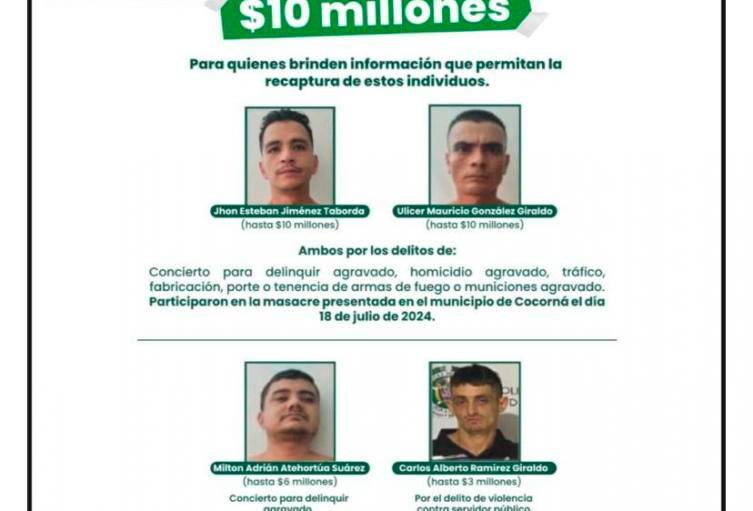 ¿Los ha visto? Aumentaron recompensa para encontrar a cuatro prófugos de una estación de policía en Antioquia