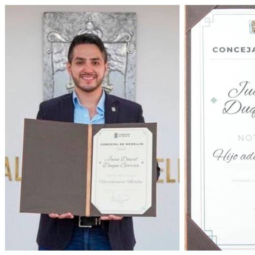 Fotografía publicada por el exsecretario Privado, Juan David Duque, mostrando el supuesto reconocimiento entregado por el Concejo. FOTO: ARCHIVO PARTICULAR