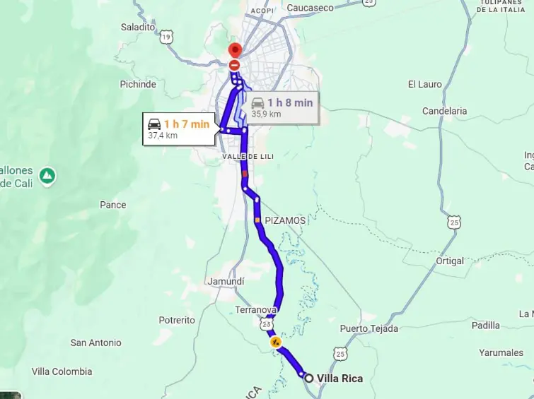 Así se ve la distancia que hay entre el muncipio de Villa Rica y Cali. FOTO: Google Maps. 
