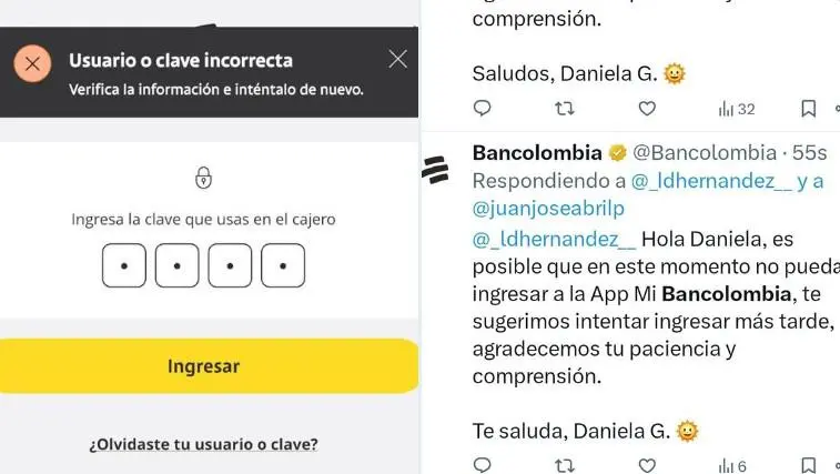 Usuarios reportan fallas en la app y el acceso a la plataforma digital de Bancolombia. FOTO: Tomada de redes sociales