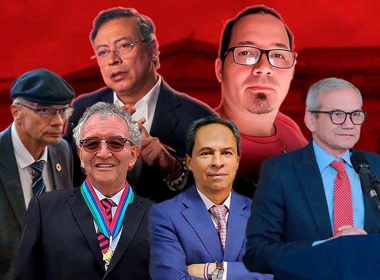 De izquierda a derecha: Manuel Casanova, Jorge Lemus, el presidente Gustavo Petro, René Guarín, Wilmar Mejía y el prófugo Carlos Ramón González, los personajes cuyo desempeño en torno a la Dirección Nacional de Inteligencia (DNI) ha sido ampliamente criticado. FOTOS: ARCHIVO.