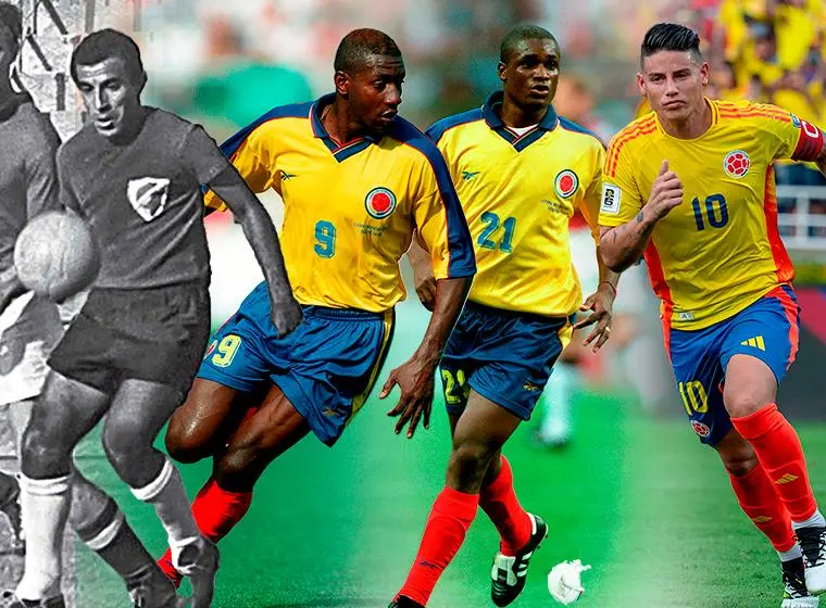 En la imagen están Marco Coll, Adolfo “Tren” Valencia, Léider Preciado y James Rodríguez, quienes fueron algunos de los que anotaron con Colombia en los Mundiales. FOTOS GETTY Y JUAN ANTONIO SÁNCHEZ