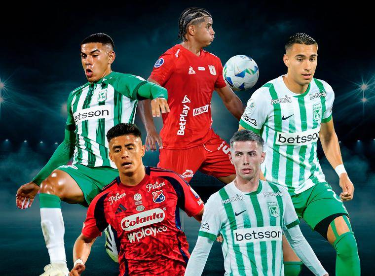 Josen Escobar (América), Emilio Aristizábal (Nacional), Juan José Arias (Nacional), Kevin Mantilla (DIM) y Simón García (Nacional) dominan el top-5 de los futbolistas menores de 23 años que juegan en Colombia. FOTO EL COLOMBIANO