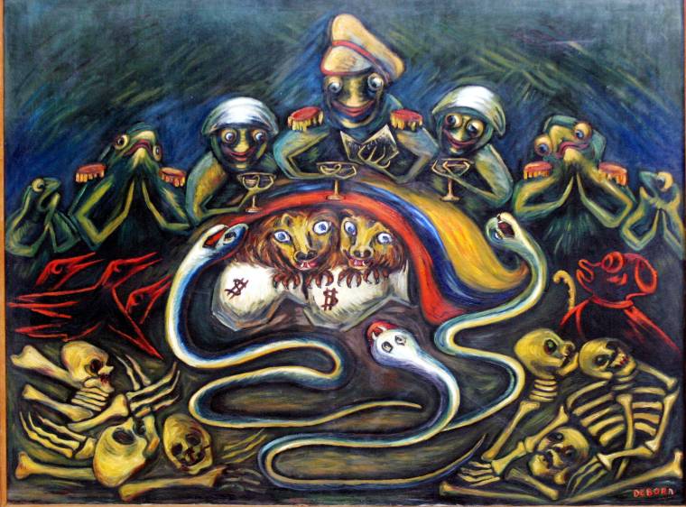 “Rojas Pinilla” (1953–1957), óleo sobre lienzo, de Débora Arango. Este es uno de los dos cuadros que el Museo de Arte de Moderno de Medellín pretendía vender al Banco de la República. 