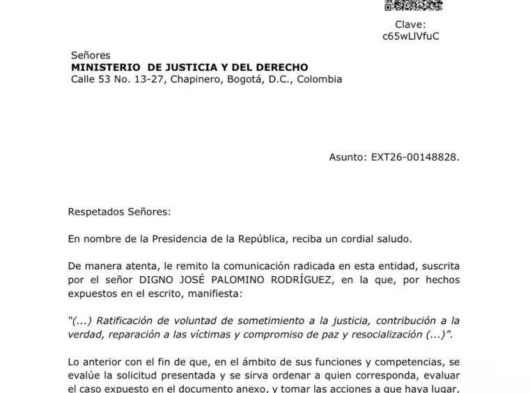 Esta es parte de la carta que envió Digno Palomino, a través de su defensa, al presidente Abelardo De la Espriella. Foto: redes