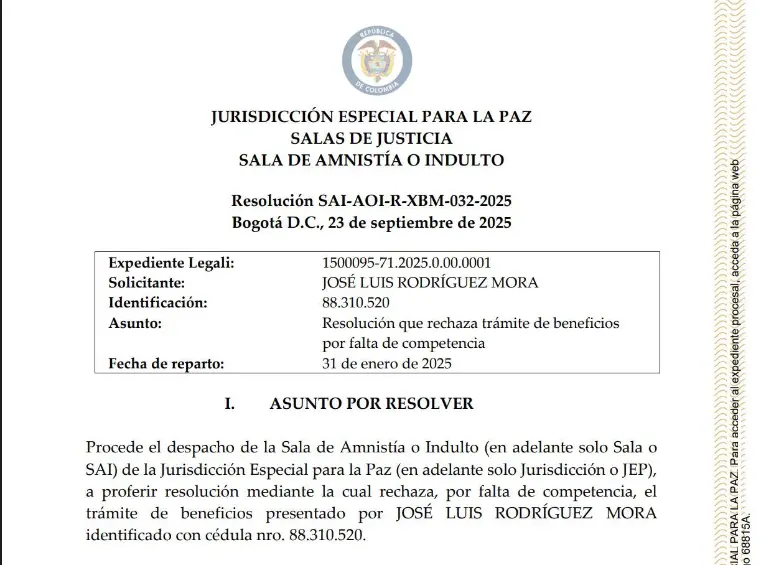 A José Luis Rodríguez, disidente de ‘Mordisco’ y vocero en la Paz Total, le negaron el ingreso a la JEP; ¿Por qué? Este es el documento que lo explica. FOTO: CAPTURA DE PANTALLA JEP.