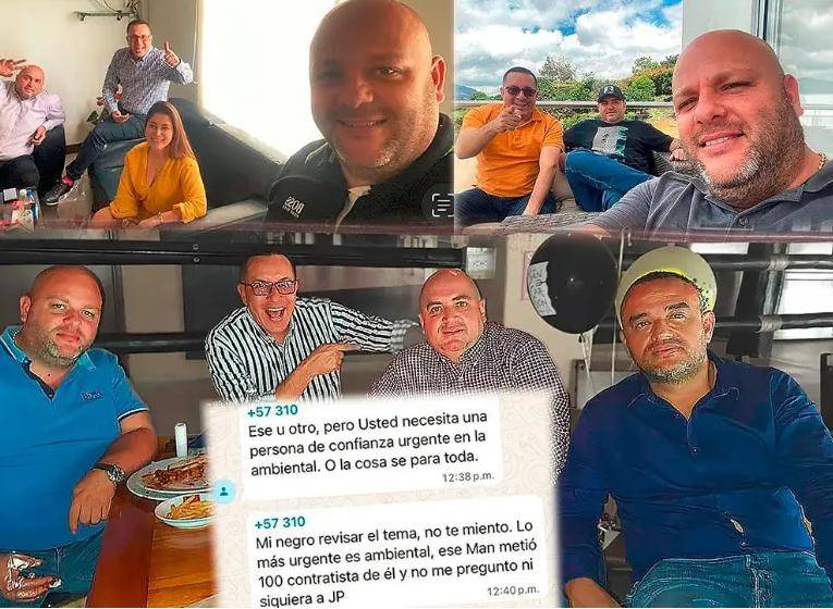 Arriba (izq) Jorge Liévano, Álvaro Villada y Miguel Quintero con Alethia Arango, otra imputada por presunta corrupción, en las oficinas de Metroparques. Arriba también (der), Villada, Liévano y Quintero en una finca; abajo, los mismos tres con Edison López en un restaurante de Laureles. FOTOS CHAT DE “AMIGOS”