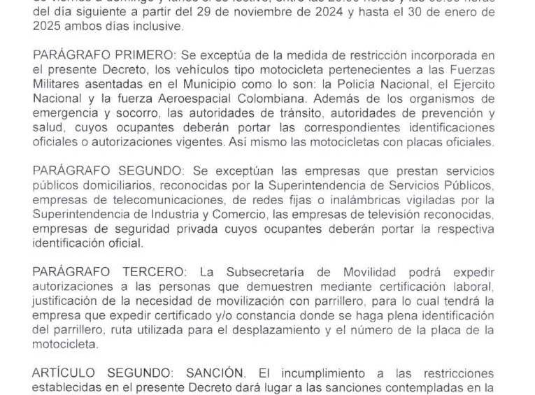 Decreto que ordena la prohibición de parrillero en Rionegro. FOTO: Cortesía.