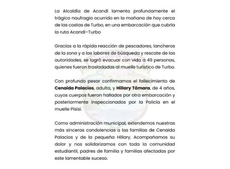 La Alcaldía de Acandí confirmó el naufragio y la identidad de las dos víctimas en un comunicado oficial (en la imagen). FOTO pantallazo comunicado Alcaldía de Acandí