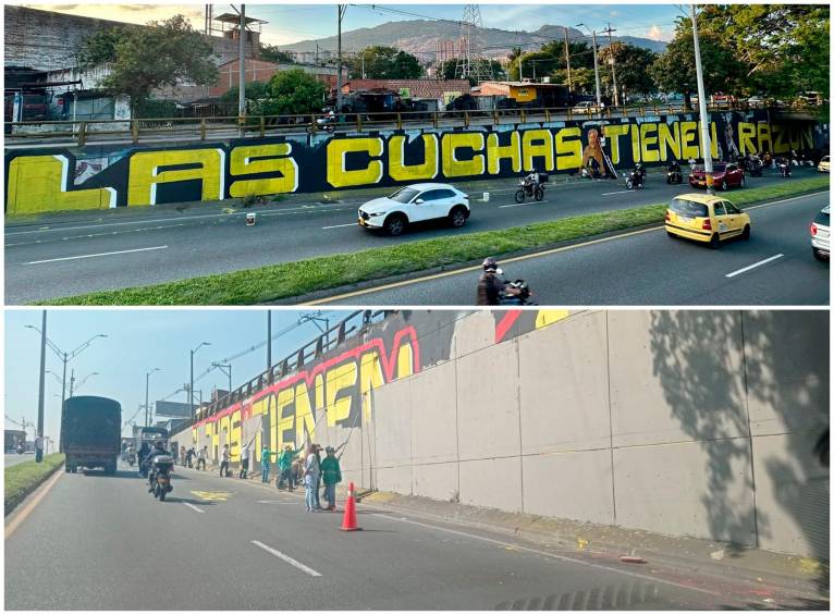 El grafiti fue pintado el domingo y personal de la alcaldía lo borró este lunes. FOTOS Tomadas de @Brean_Acosta23 y Cortesía Rafael Núñez