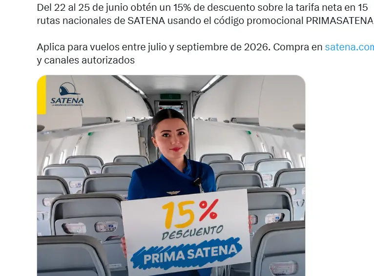Satena lanza PrimaSatena: 15% de descuento en 15 rutas nacionales. Foto X @AerolineaSatena
